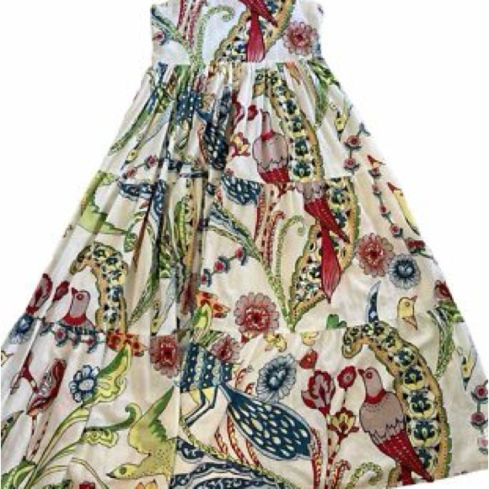 Tuckernuck Guadalupe Design  Cream Tiered Maxi Tibet Folklore Bird Print - Picture 2 of 7